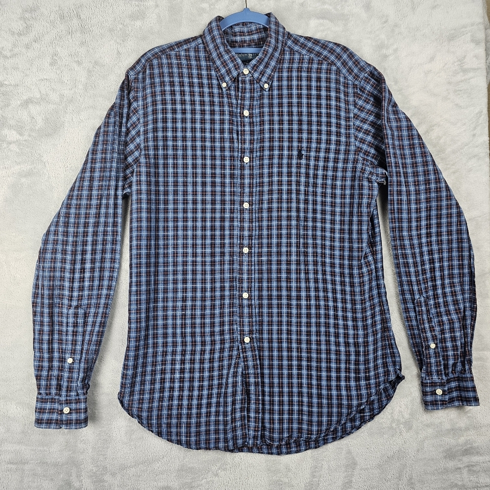 Ralph Lauren Long Sleeve Linen Blend Shirt Mens Size Medium Plaid Blue